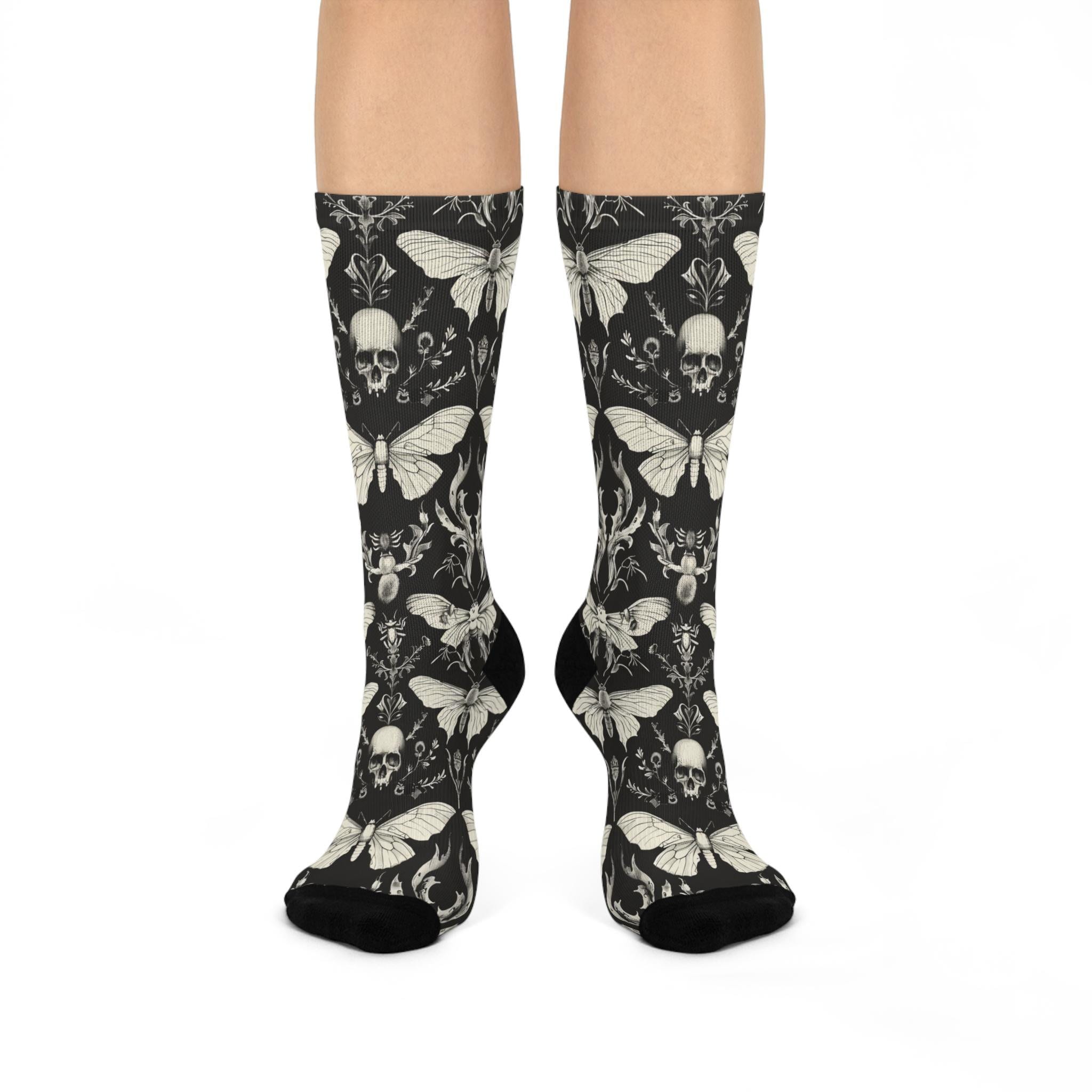 Gothic Skull Moth Socks, Cottagecore Witchy Socks, Emo Punk Gothic Fashion, Hippie Womens Adults Unisex Socks