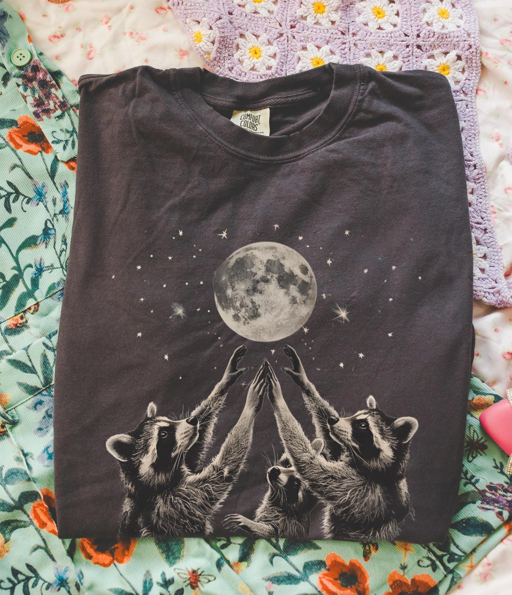 Raccoon Moon T-shirt, Comfort Colors Cottagecore Graphic Tee, Gothic Space Funny Bootleg Womens Top