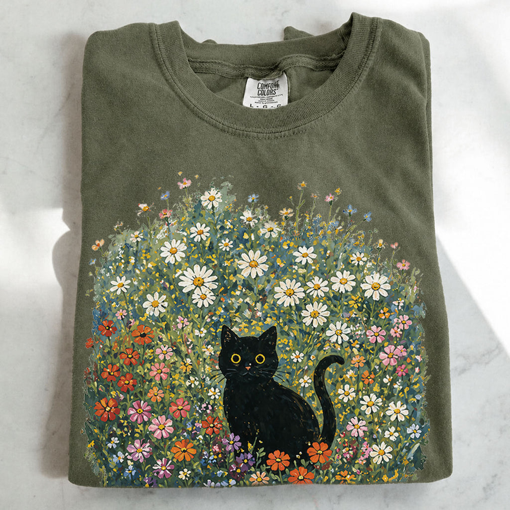 Black Cat Wildflower T-Shirt