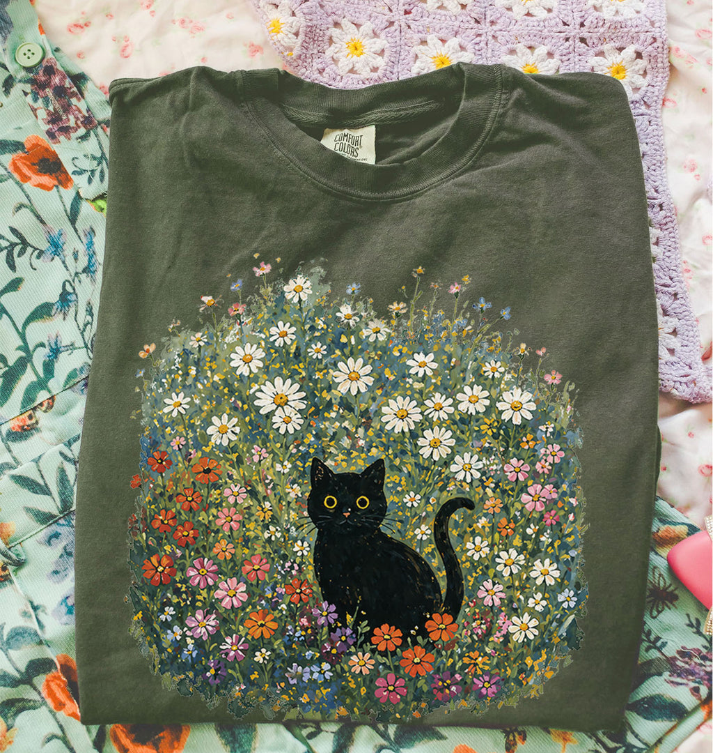 Black Cat Wildflower T-Shirt