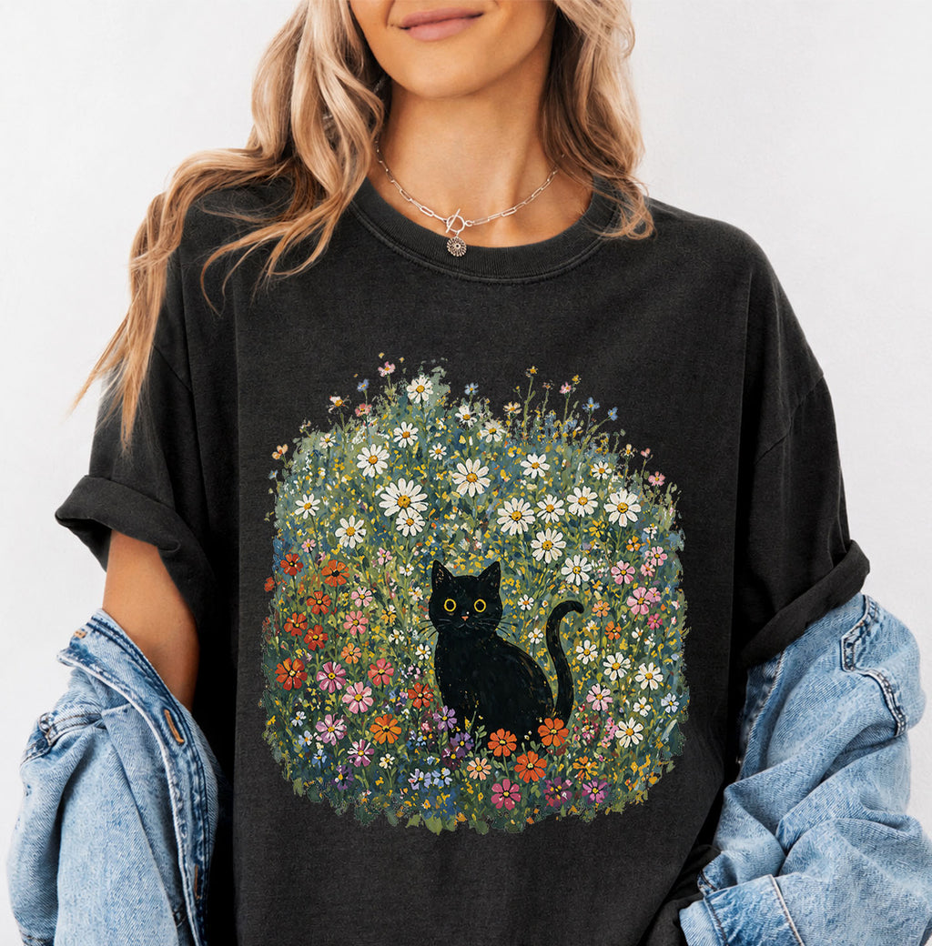 Black Cat Wildflower T-Shirt