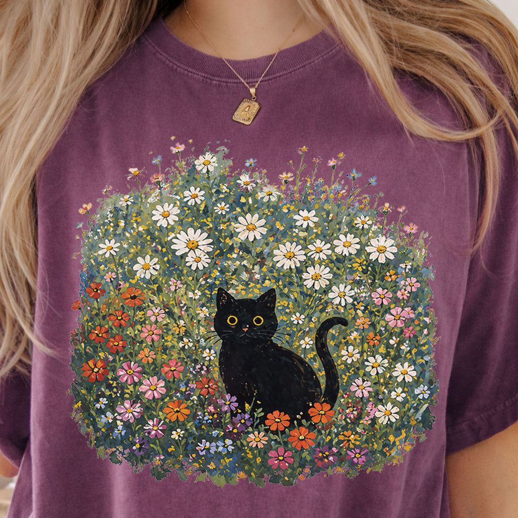 Black Cat Wildflower T-Shirt
