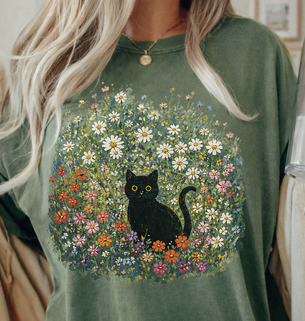 Black Cat Wildflower T-Shirt