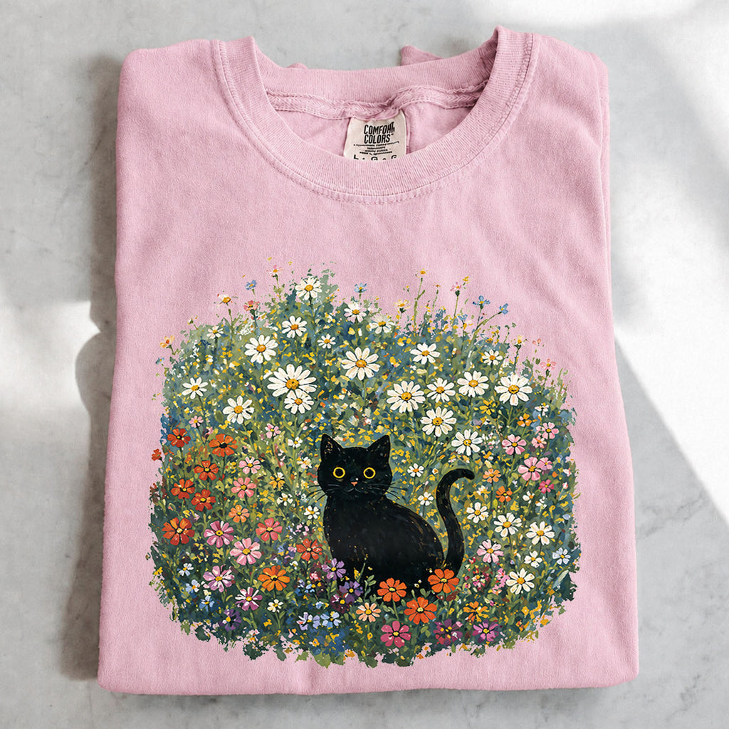 Black Cat Wildflower T-Shirt
