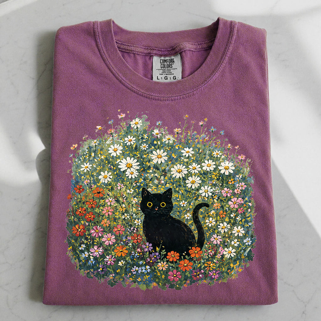 Black Cat Wildflower T-Shirt