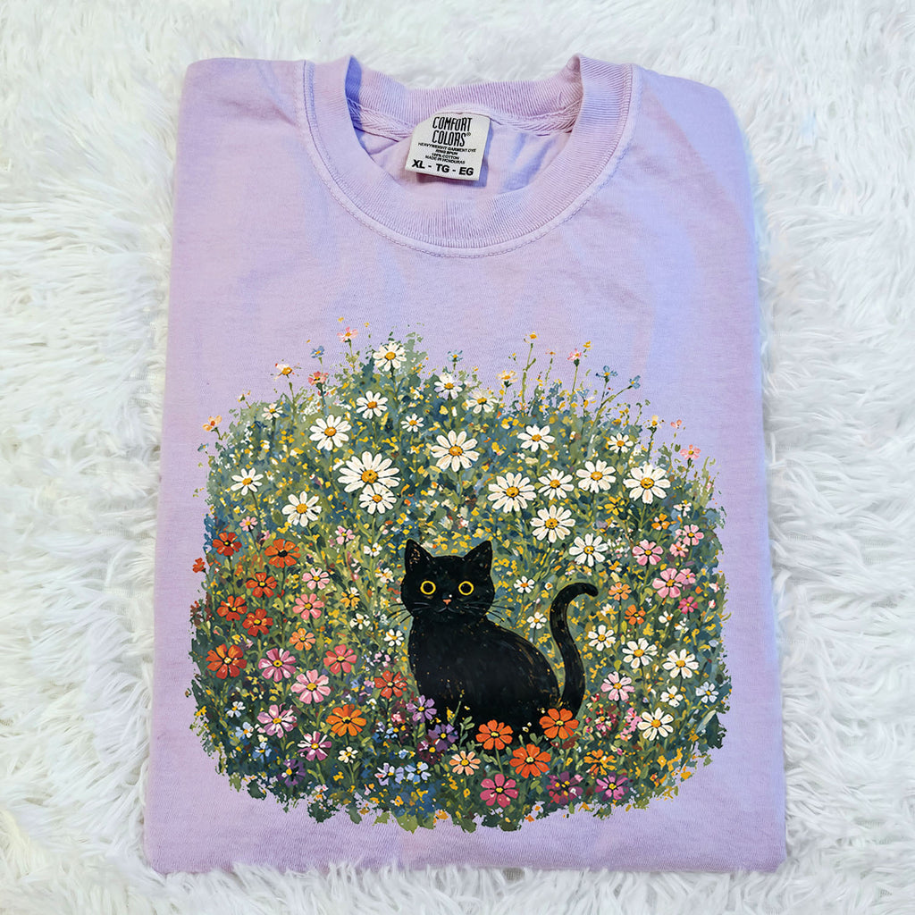 Black Cat Wildflower T-Shirt