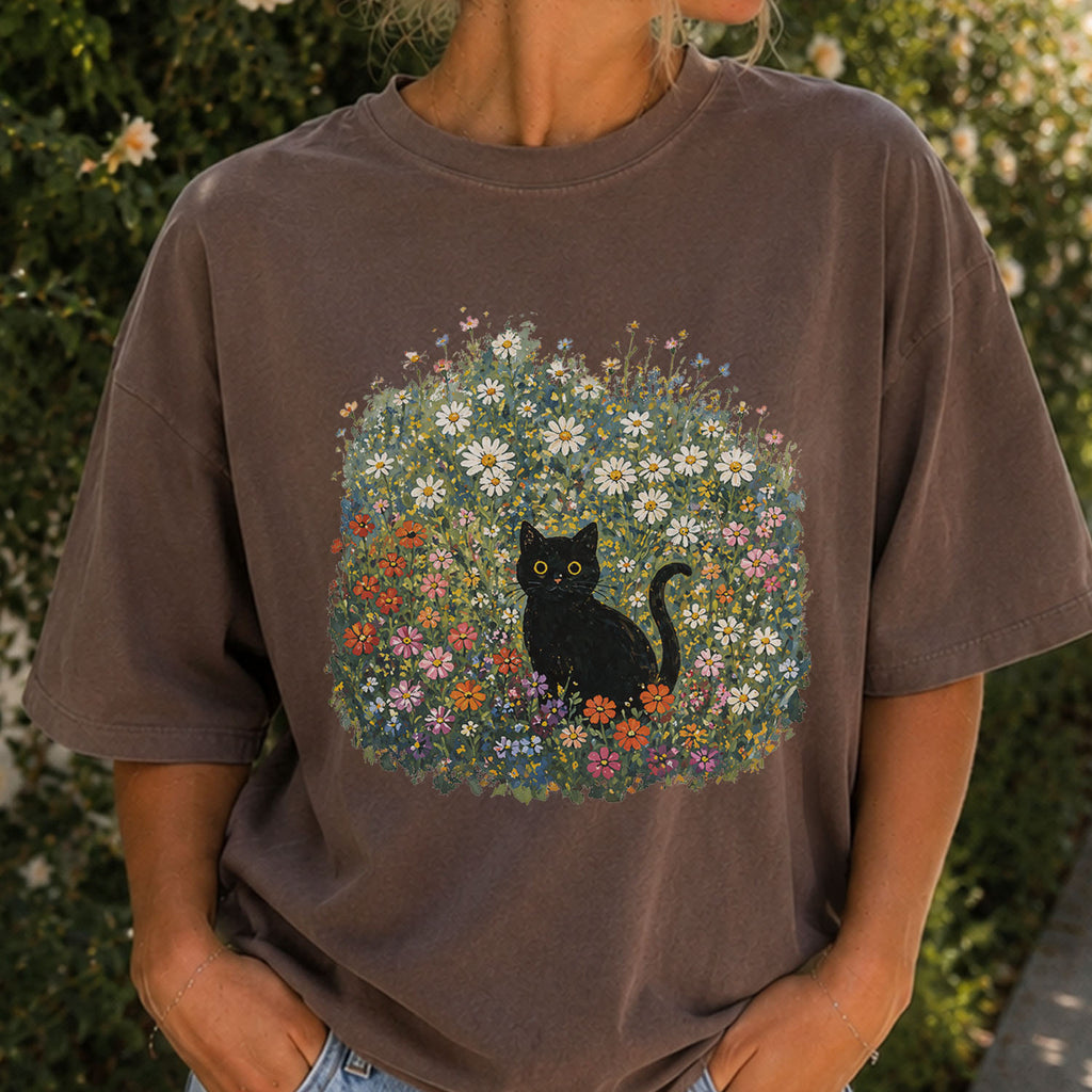 Black Cat Wildflower T-Shirt