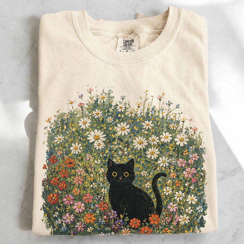 Black Cat Wildflower T-Shirt