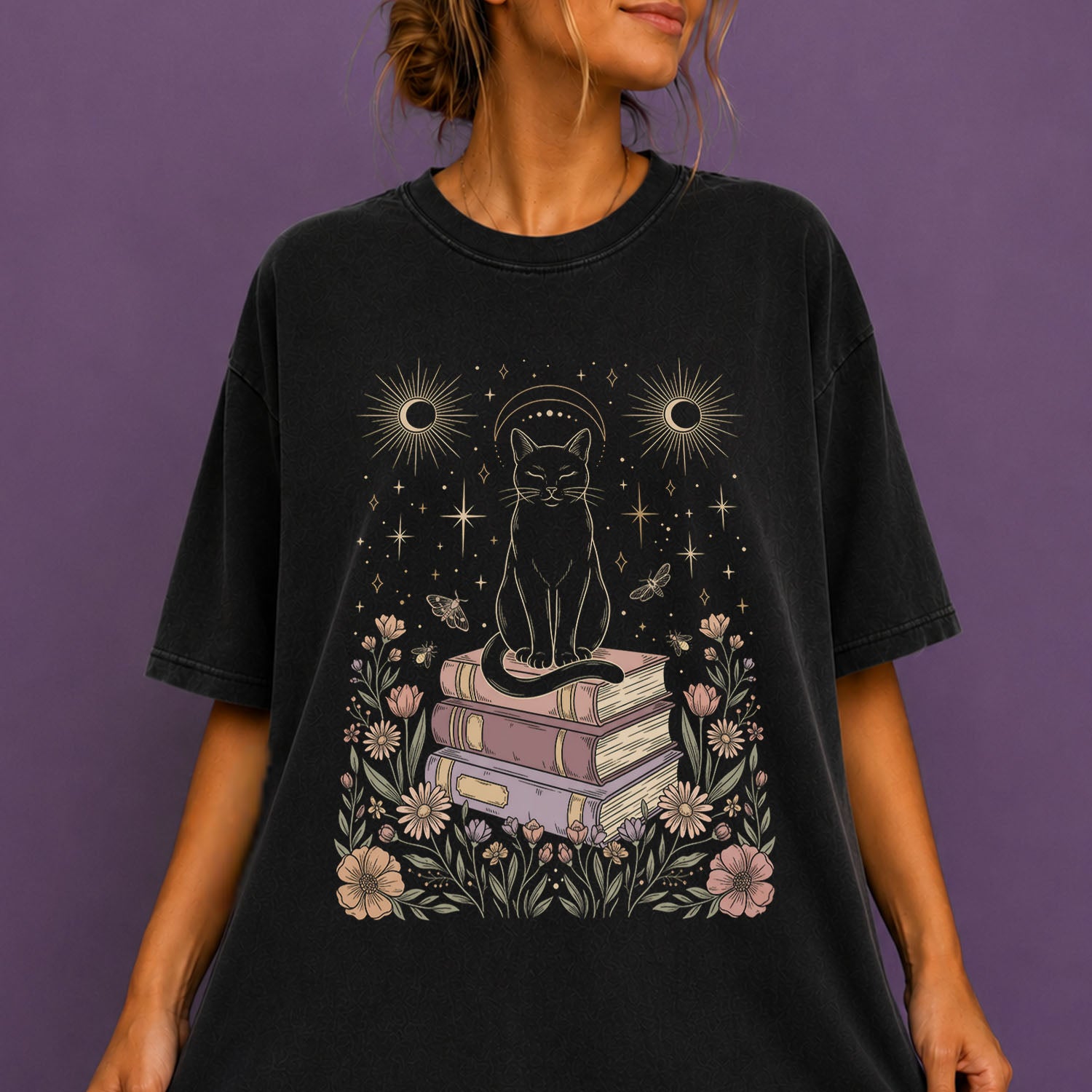Celestial Cat on Books T-Shirt