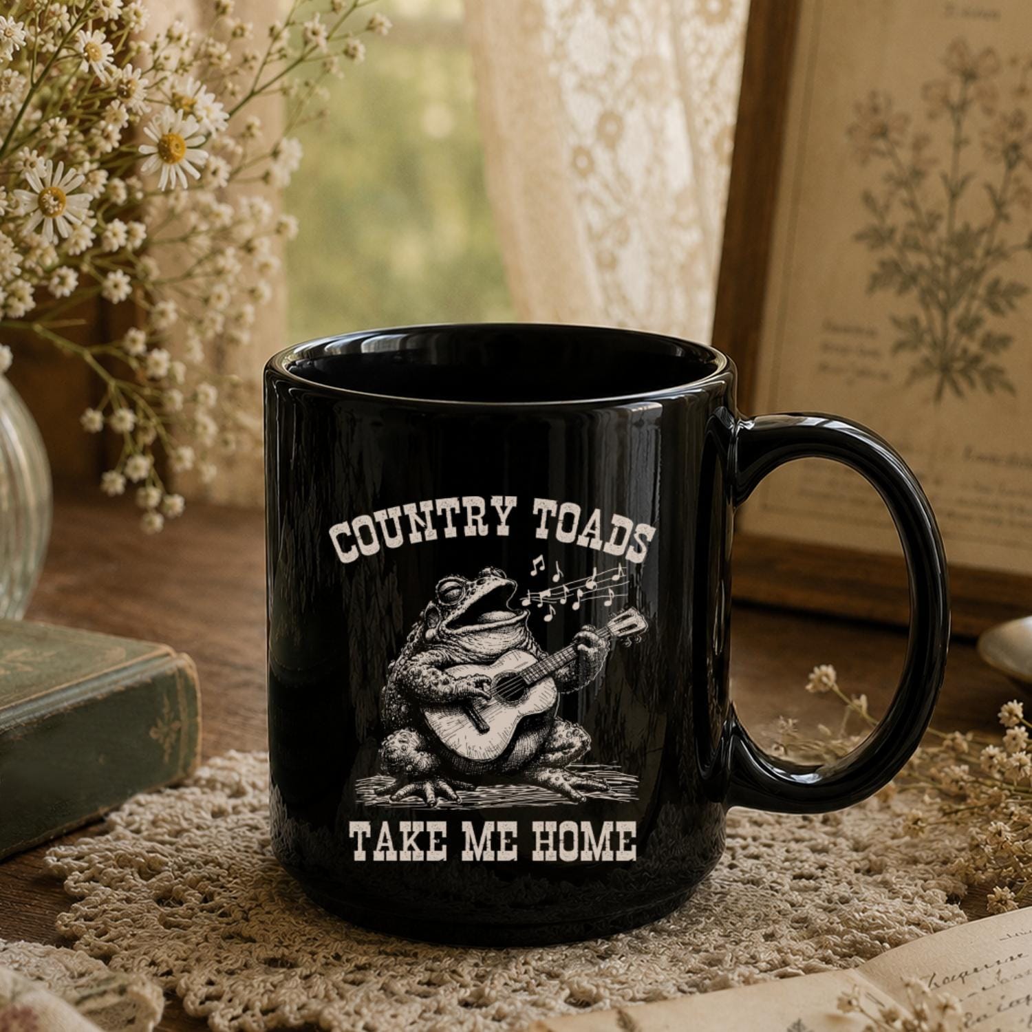 Country Toads Take Me Home Black Ceramic Mug