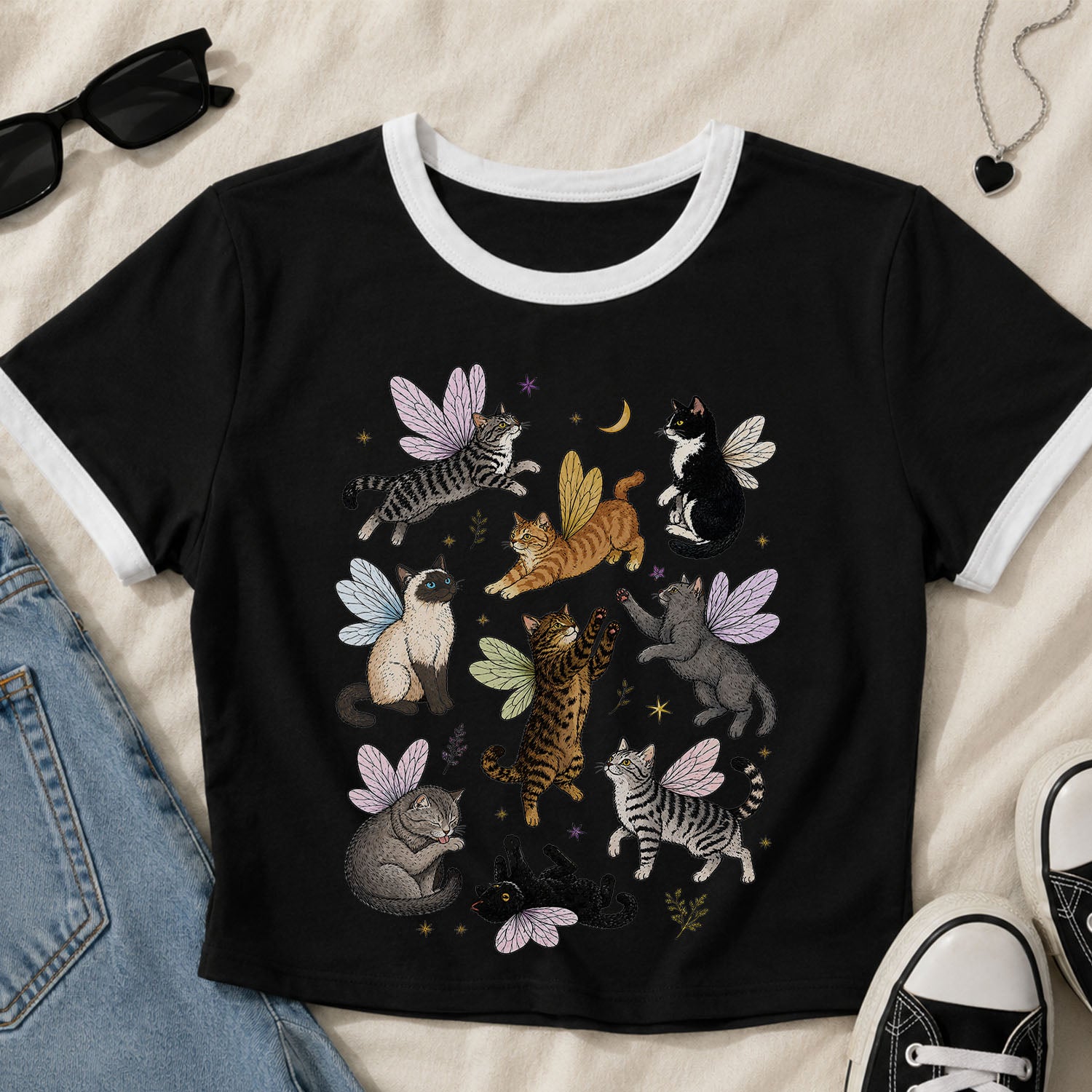 Fairy Cat Ringer Crop T-Shirt