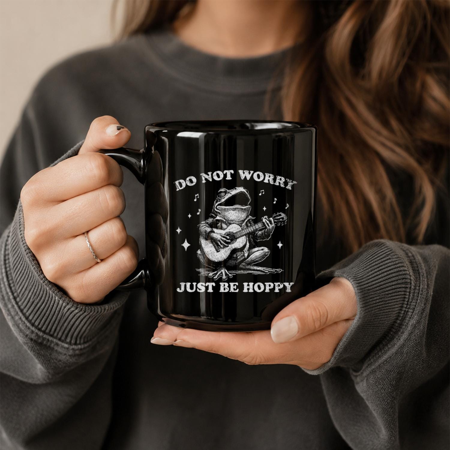 Do Not Worry Just Be Hoppy Frog Black Ceramic Mug
