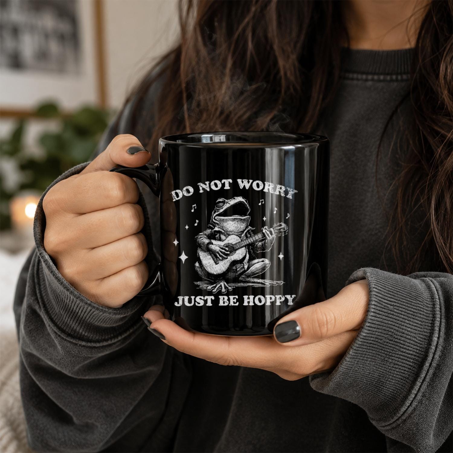 Do Not Worry Just Be Hoppy Frog Black Ceramic Mug