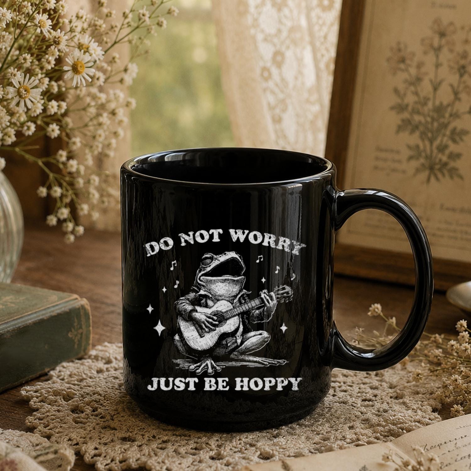 Do Not Worry Just Be Hoppy Frog Black Ceramic Mug