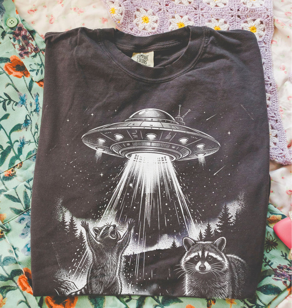 Raccoon UFO Alien Invasion T-shirt