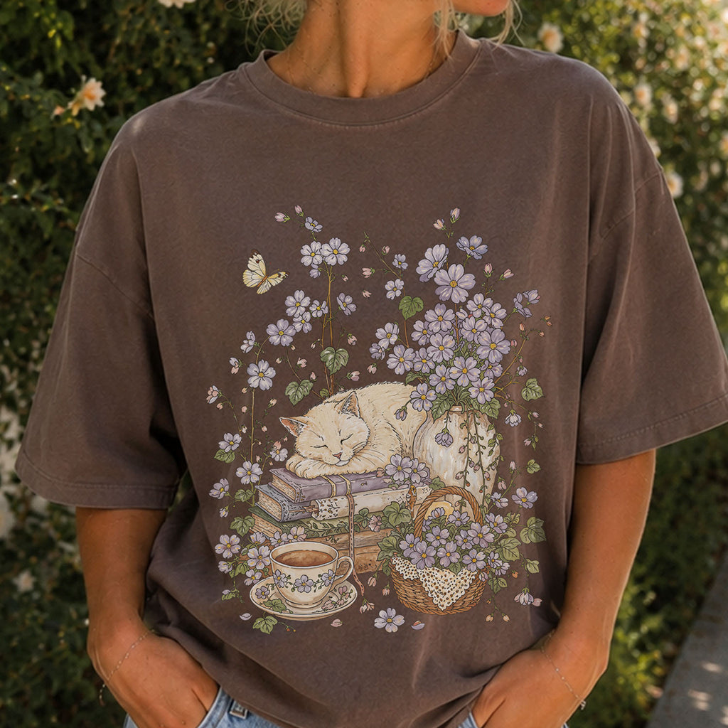Sleeping Cat Purple Wildflower T-Shirt
