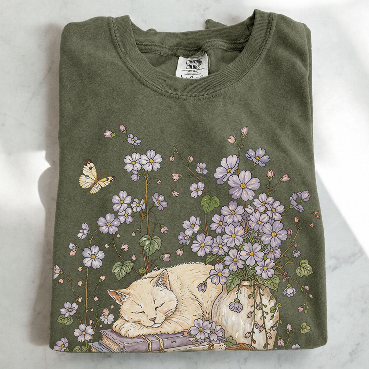 Sleeping Cat Purple Wildflower T-Shirt