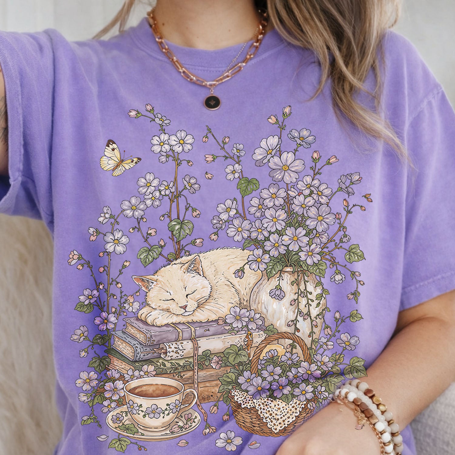 Sleeping Cat Purple Wildflower T-Shirt