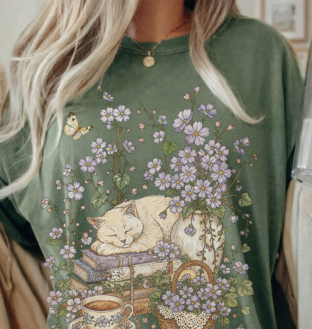 Sleeping Cat Purple Wildflower T-Shirt