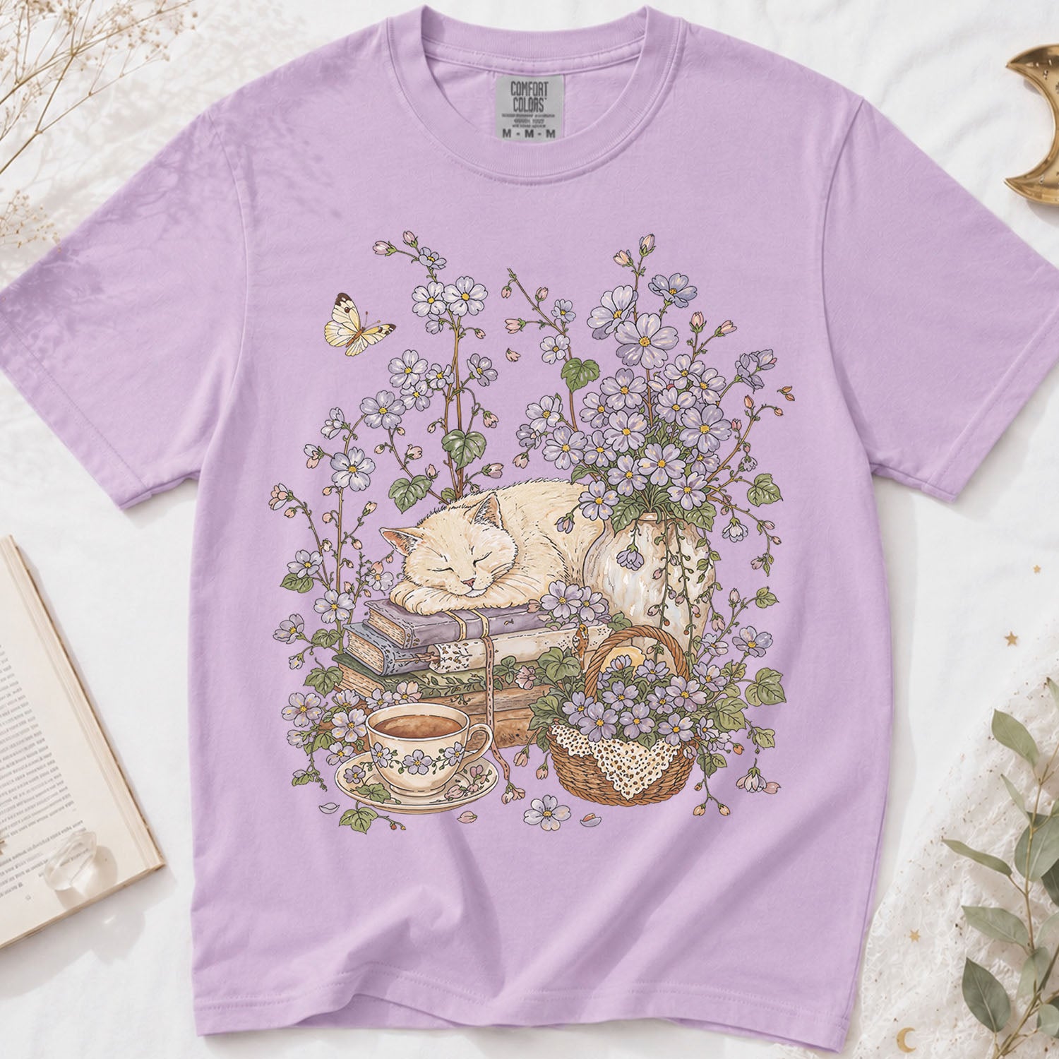 Sleeping Cat Purple Wildflower T-Shirt
