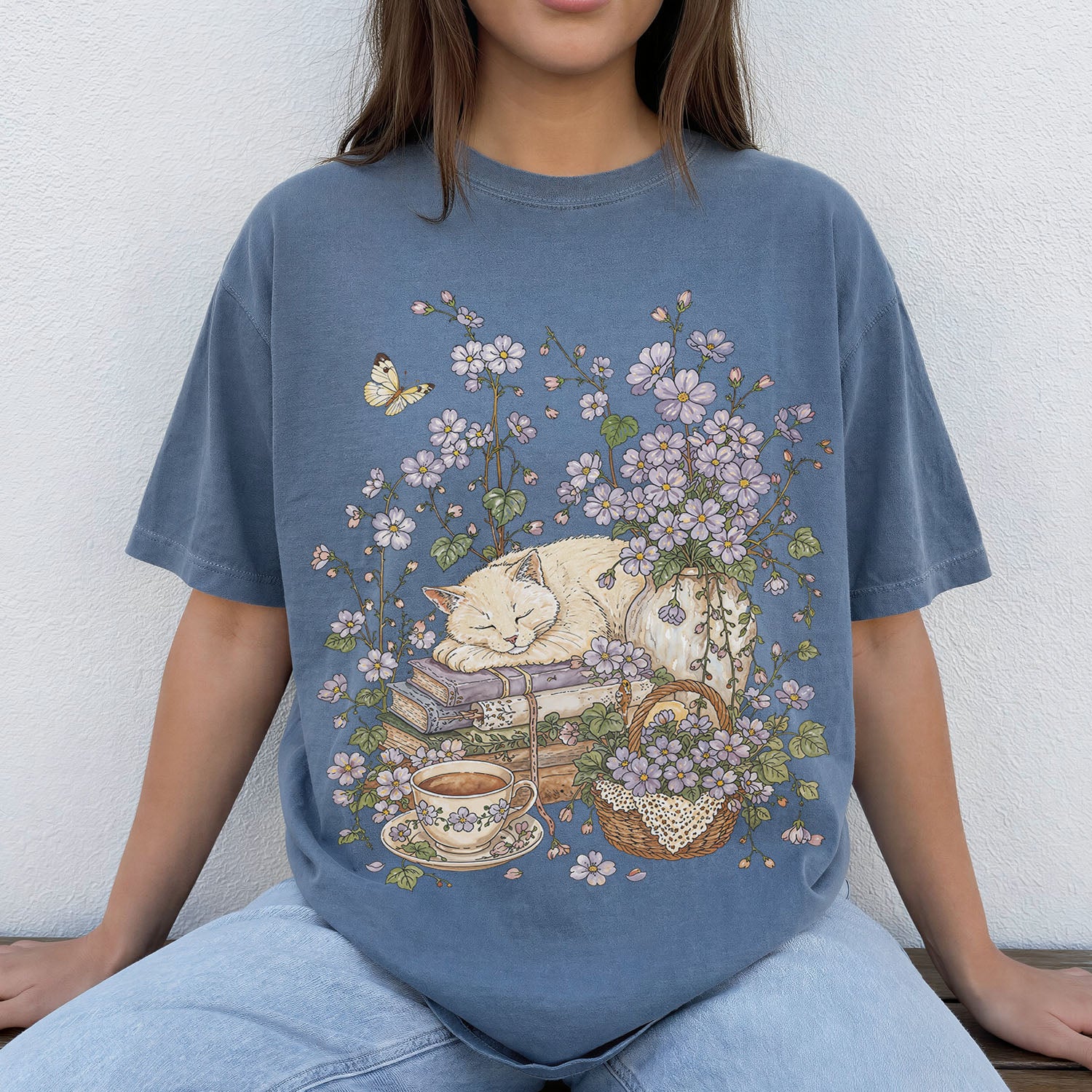 Sleeping Cat Purple Wildflower T-Shirt