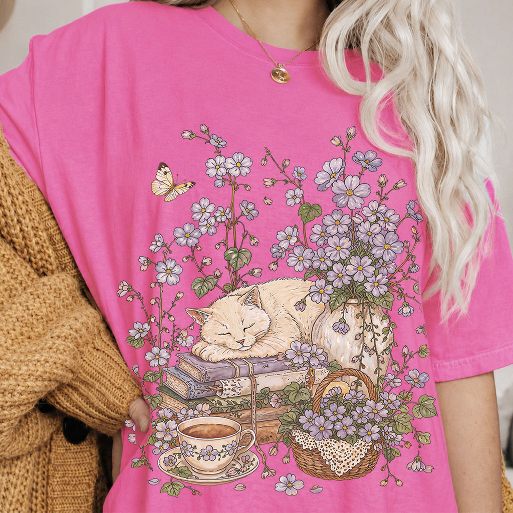 Sleeping Cat Purple Wildflower T-Shirt