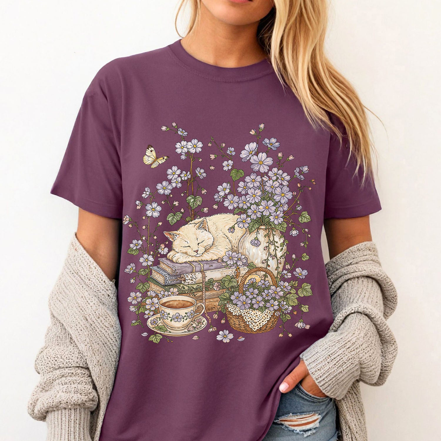 Sleeping Cat Purple Wildflower T-Shirt