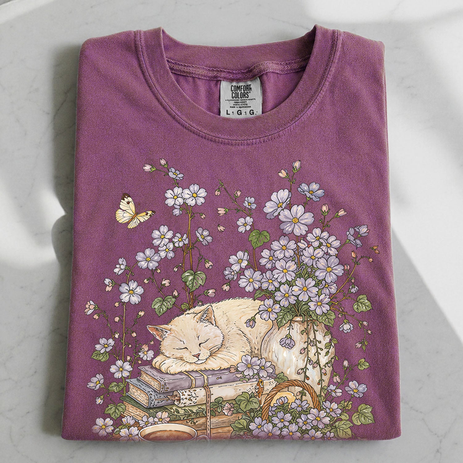 Sleeping Cat Purple Wildflower T-Shirt