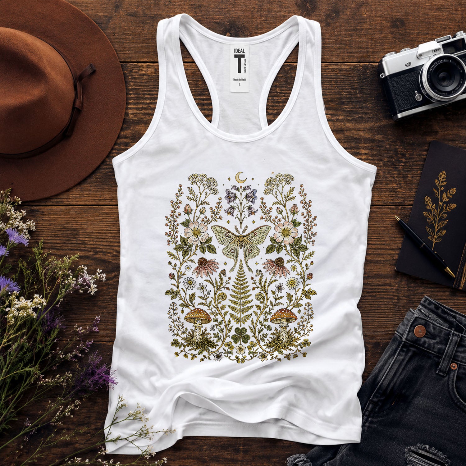 Whimsical Moth Wildflower Racerback Tank Top