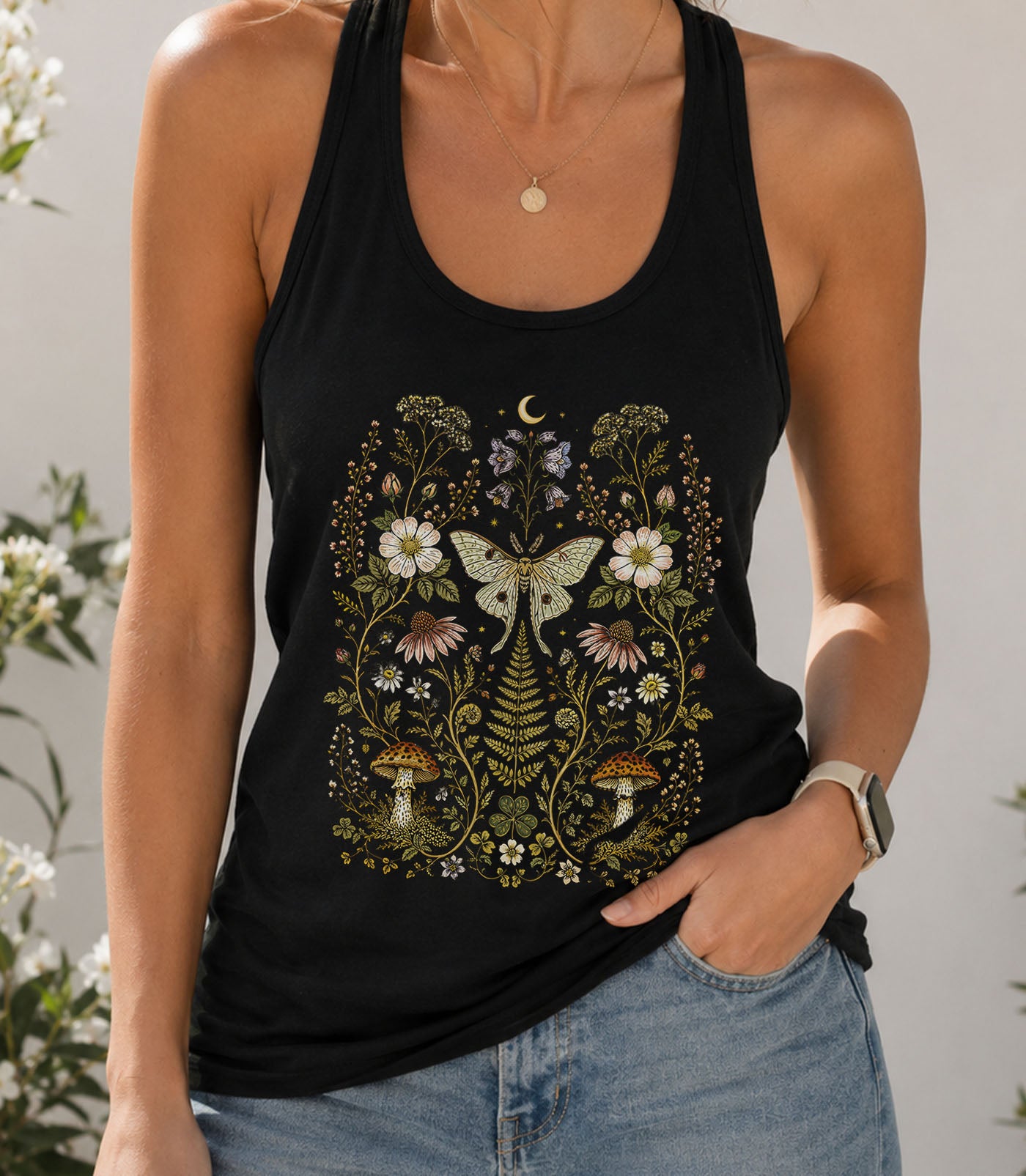 Whimsical Moth Wildflower Racerback Tank Top