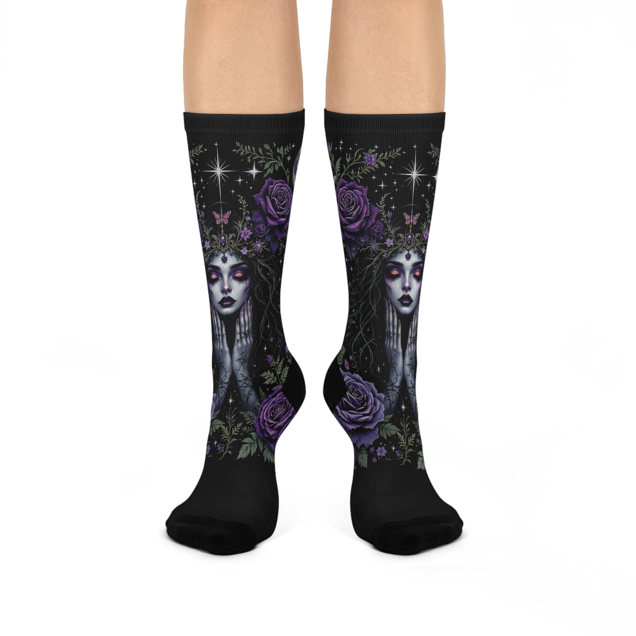 Purple Rose Gothic Goddess Socks, Cottagecore Witchy Socks, Emo Punk Fashion, Mens Womens Adults Unisex Socks