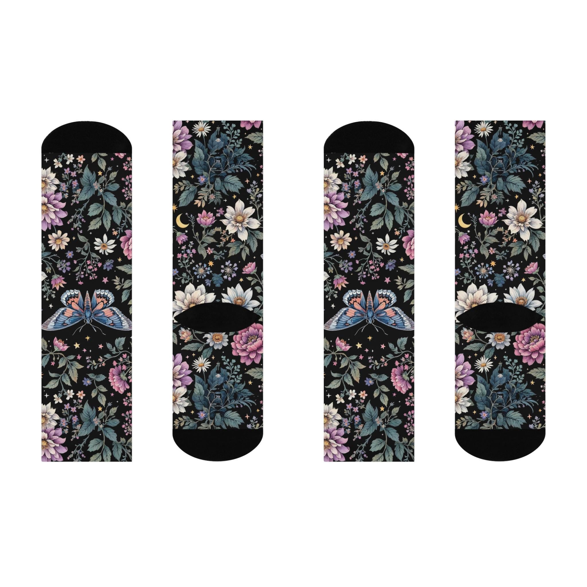 Mystic Floral Butterfly Socks, Cottagecore Witchy Socks, Emo Punk Gothic Fashion, Wildflower Hippie Womens Adults Unisex Socks