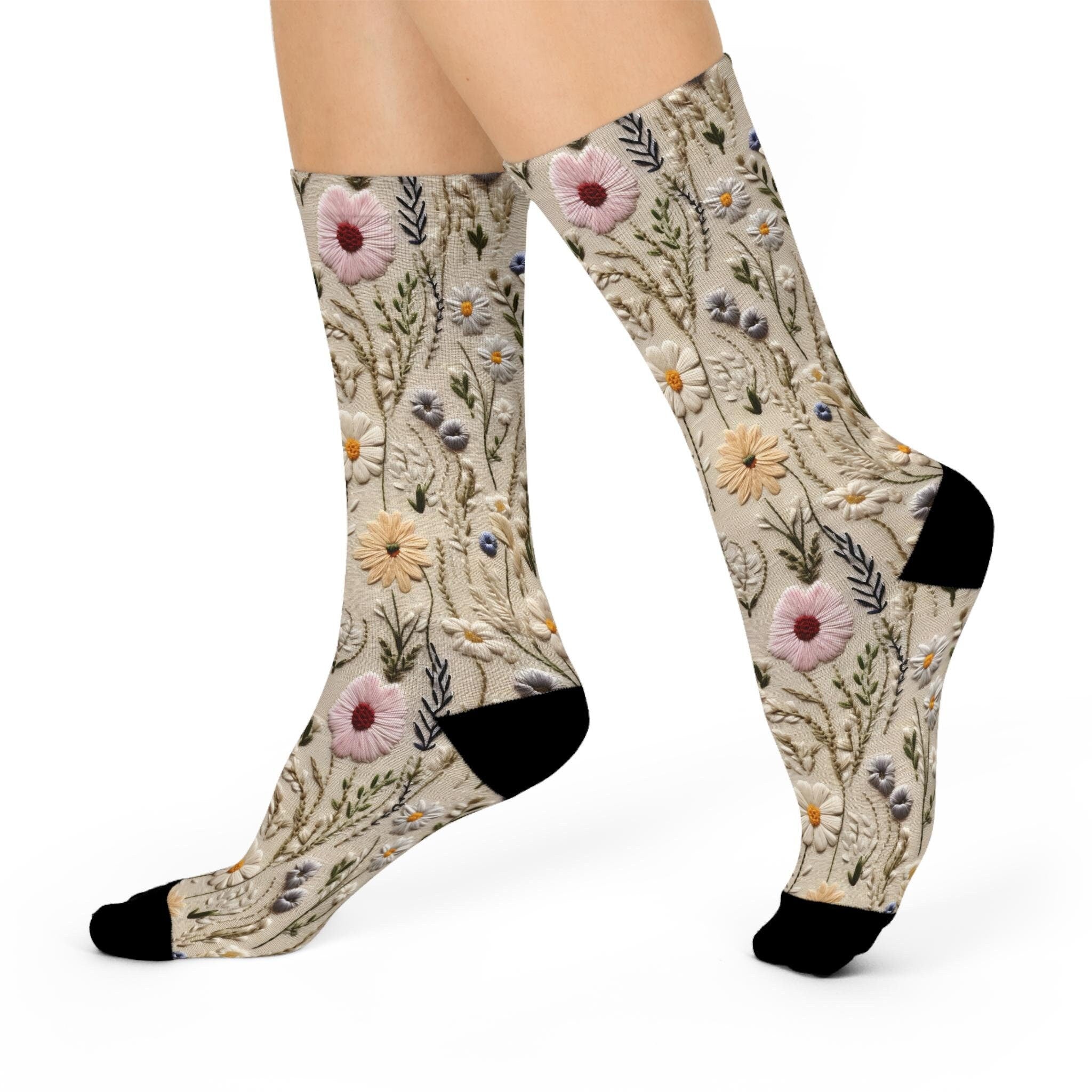 Faux Embroidery Look Floral Socks, Wildflower Cottagecore Witchy Socks, Emo Punk Gothic Fashion, Hippie Womens Adults Unisex Socks