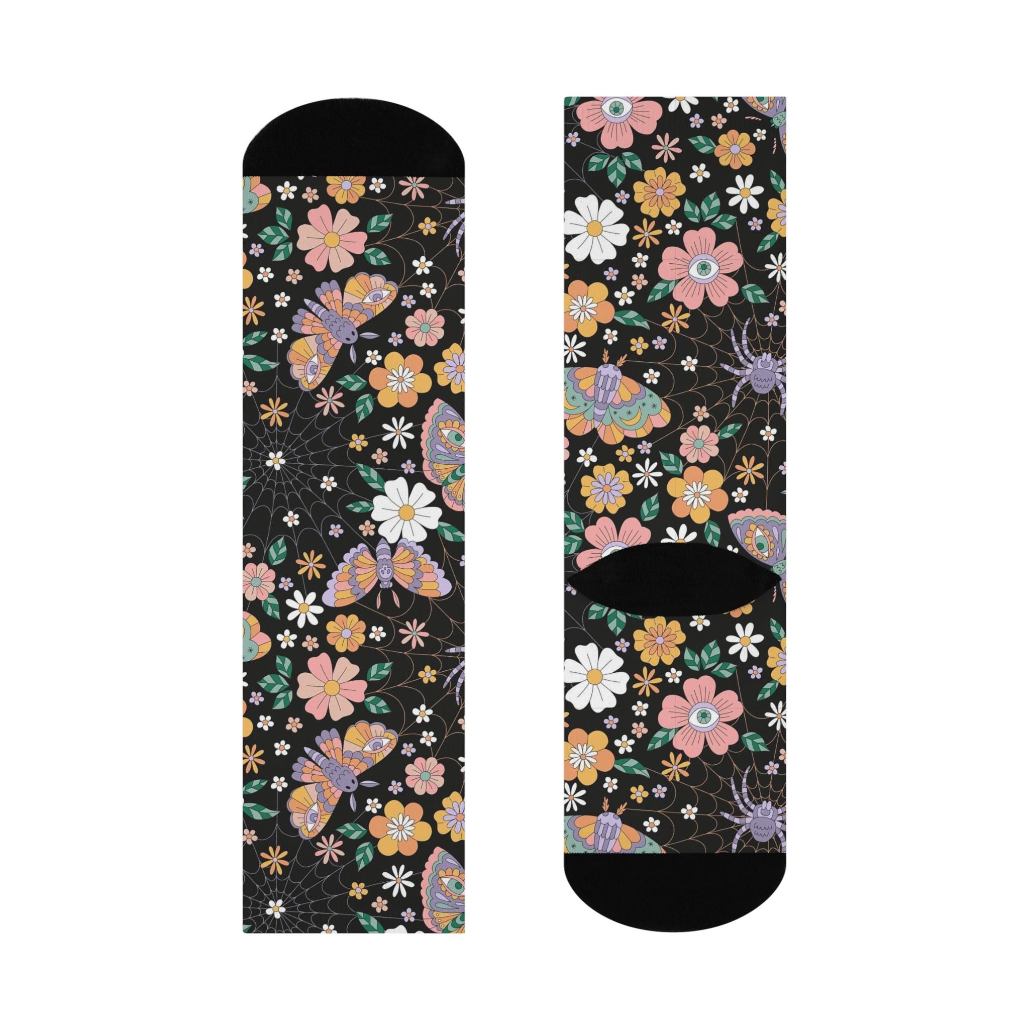 Spiderweb Wildflower Socks, Cottagecore Witchy Socks, Emo Punk Gothic Fashion, Groovy Hippie Womens Adults Unisex Socks