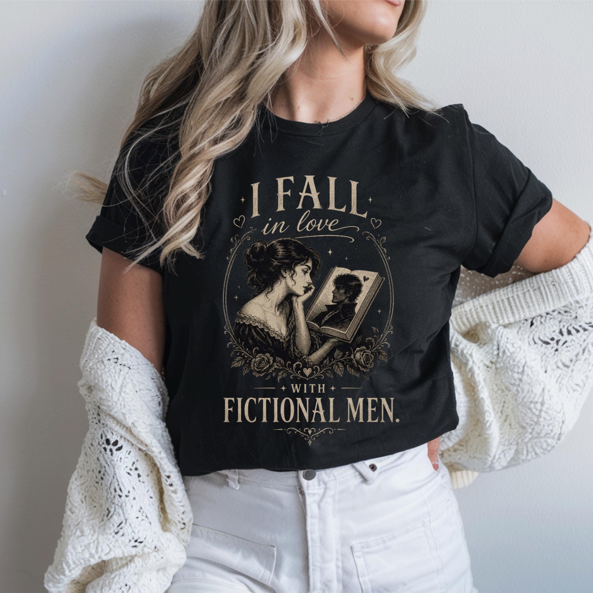 I Fall in love with Fictional Men T-shirt, Comfort Colors Cottagecore Graphic Tee, Gothic Funny Reading Bookish Lover Womens Top