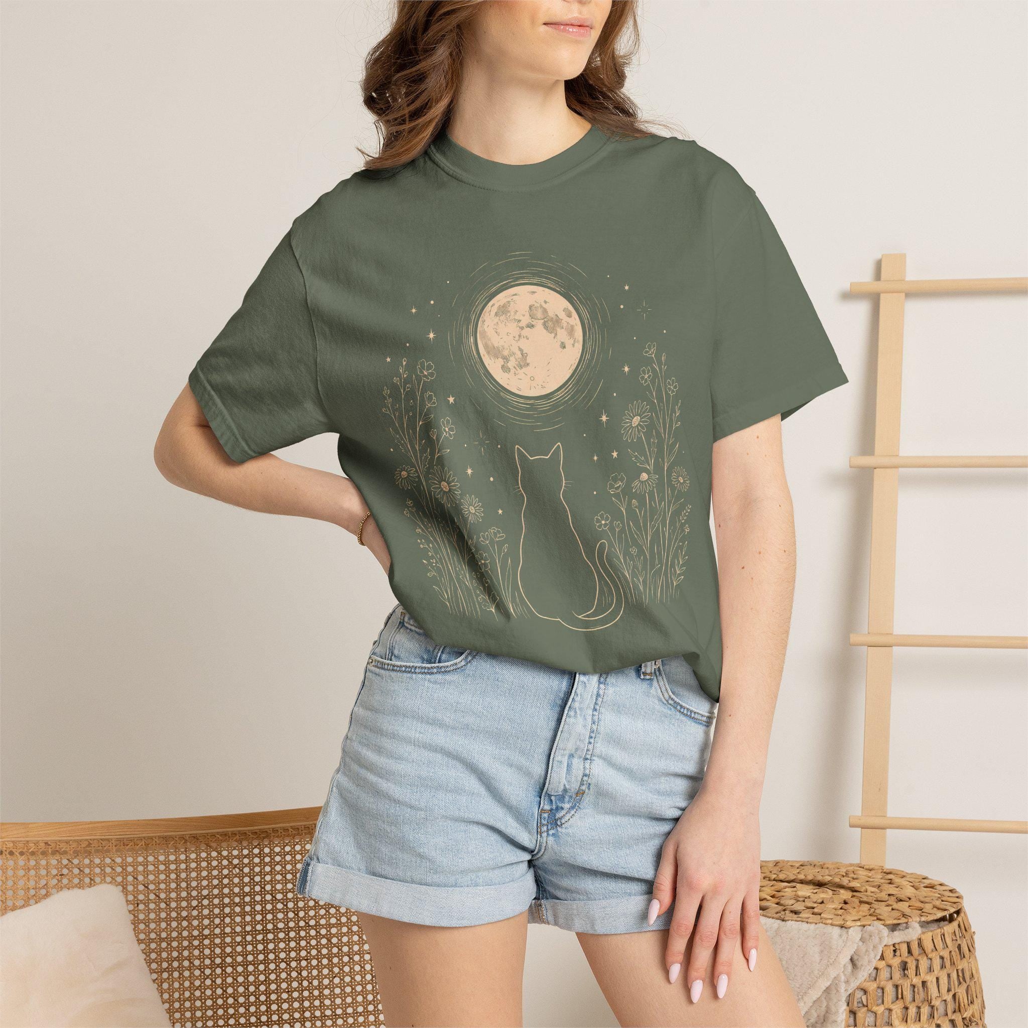 Stargazing Cat Moon T-shirt, Comfort Colors Wildflower Graphic Tee, Witchy Cottagecore Animal Womens Top
