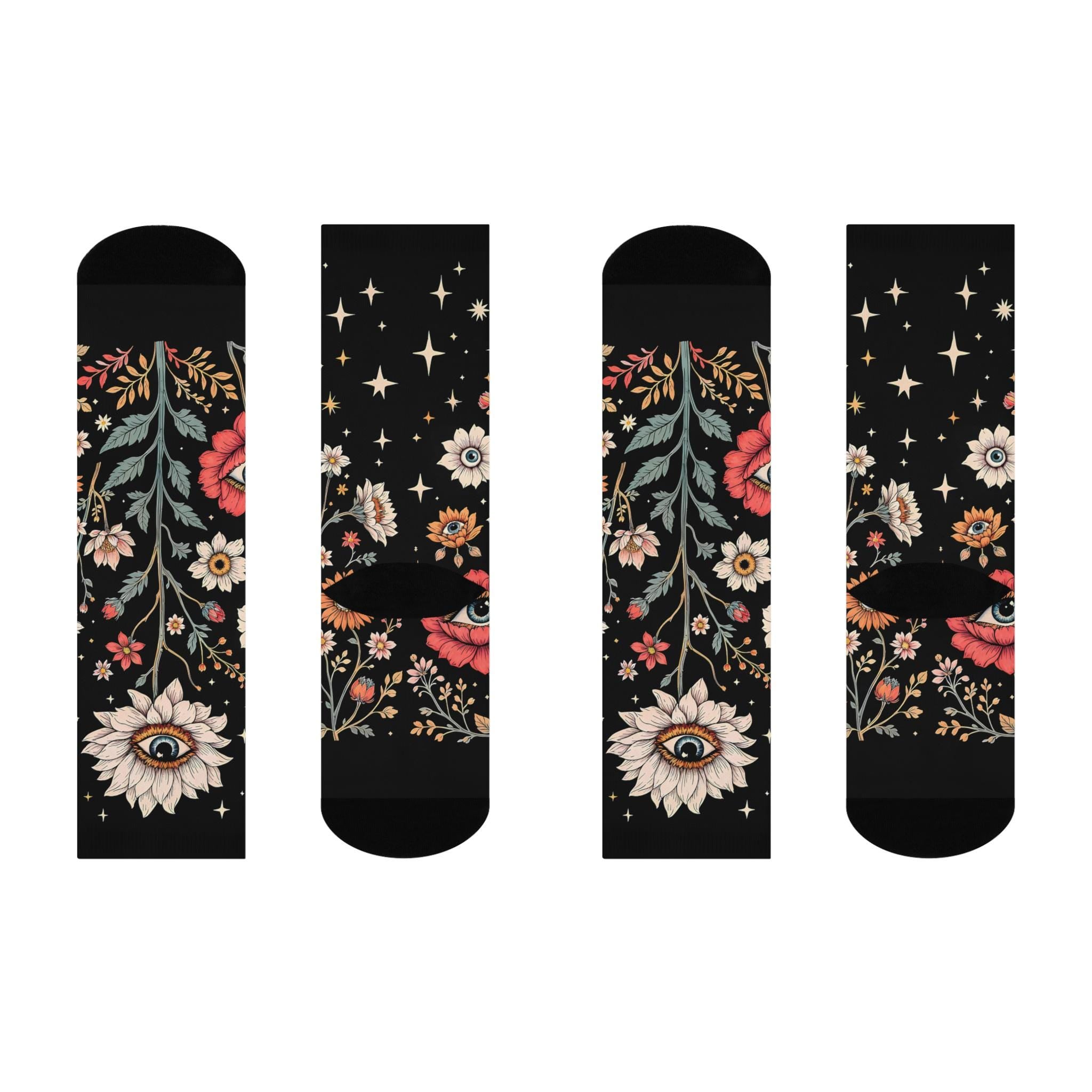 Eye Wildflower Mystic Socks, Moon Wildflower Cottagecore Witchy Socks, Gothic Fashion, Fantasy Hippie Womens Adults Unisex Socks