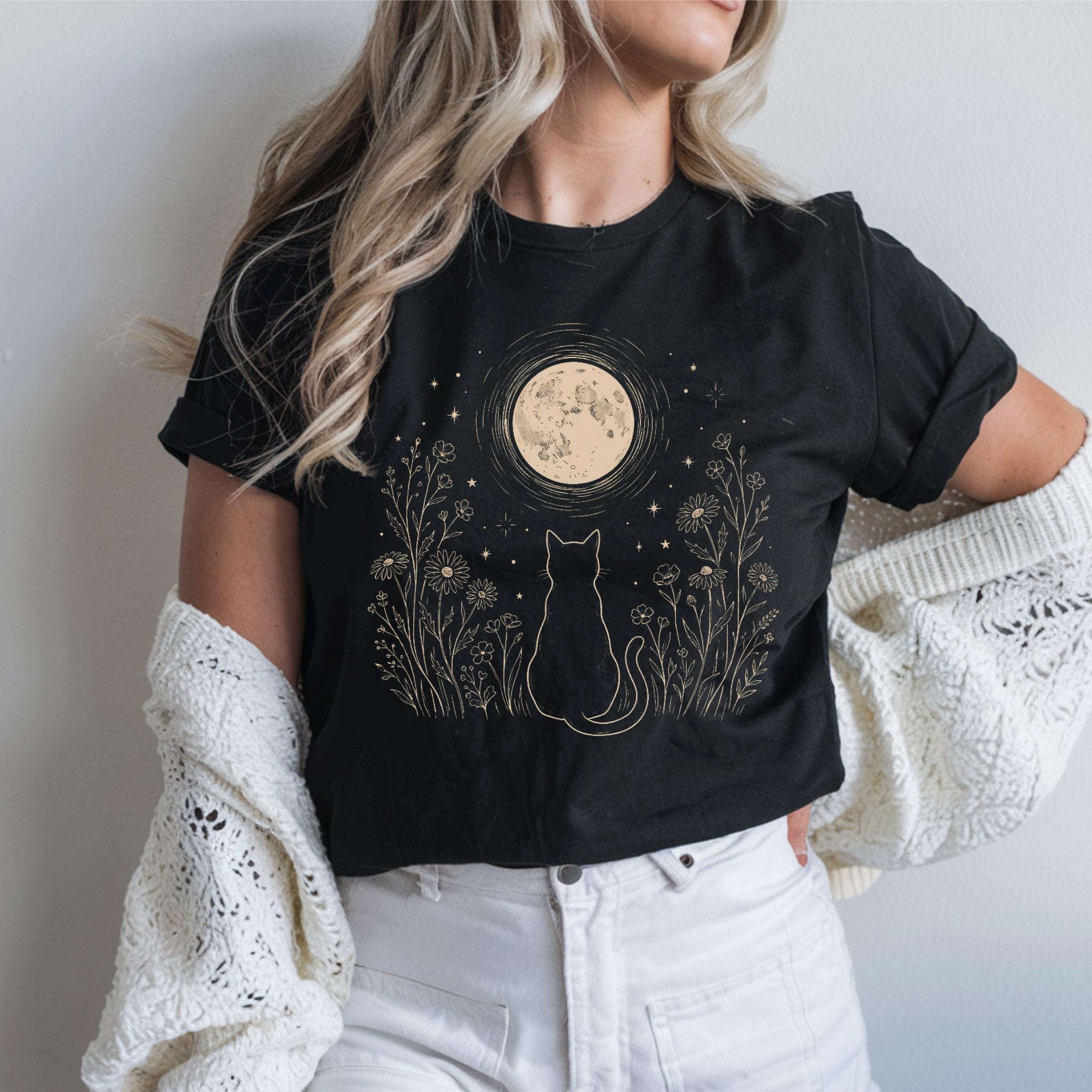 Stargazing Cat Moon T-shirt, Comfort Colors Wildflower Graphic Tee, Witchy Cottagecore Animal Womens Top