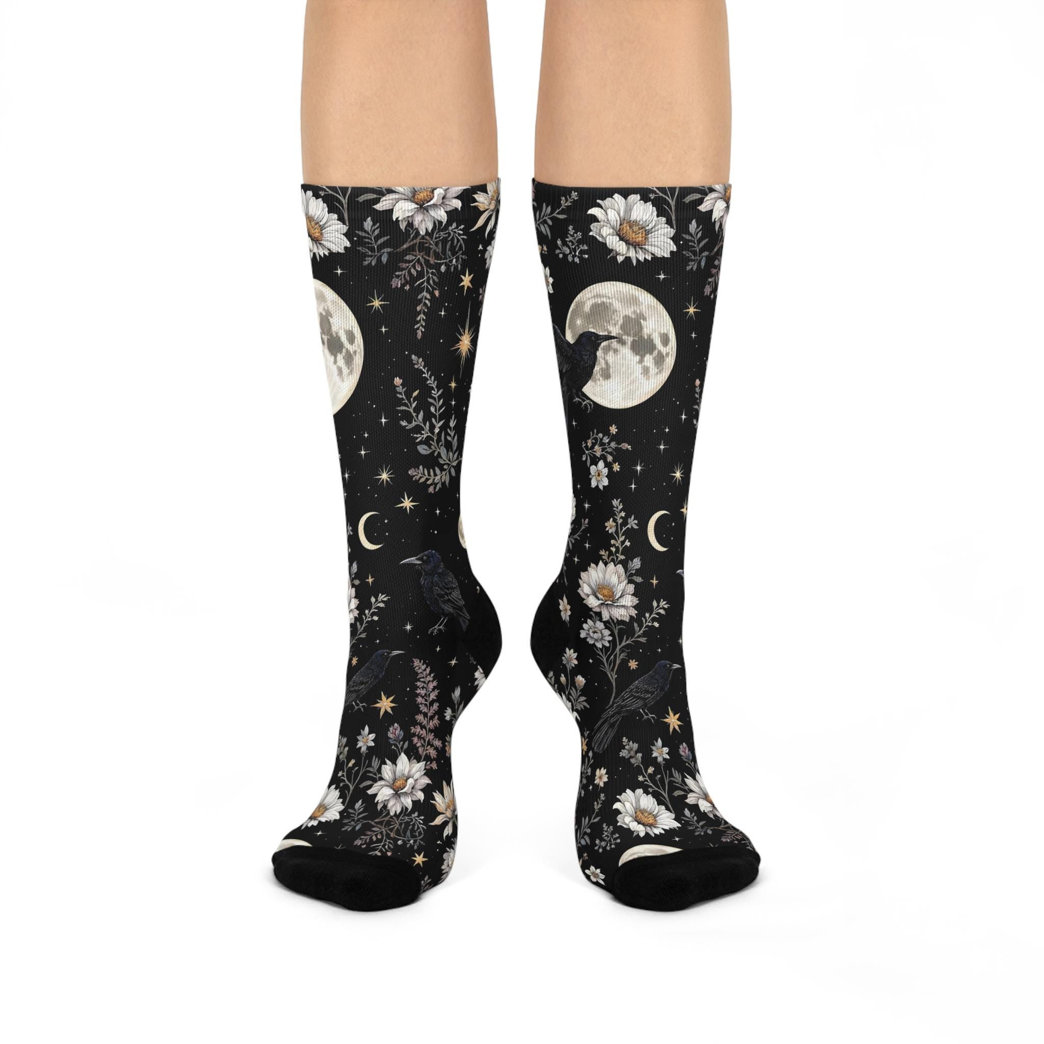 Black Crow Moon Socks, Cottagecore Witchy Socks, Emo Punk Gothic Fashion, Wildflower Womens Adults Unisex Socks