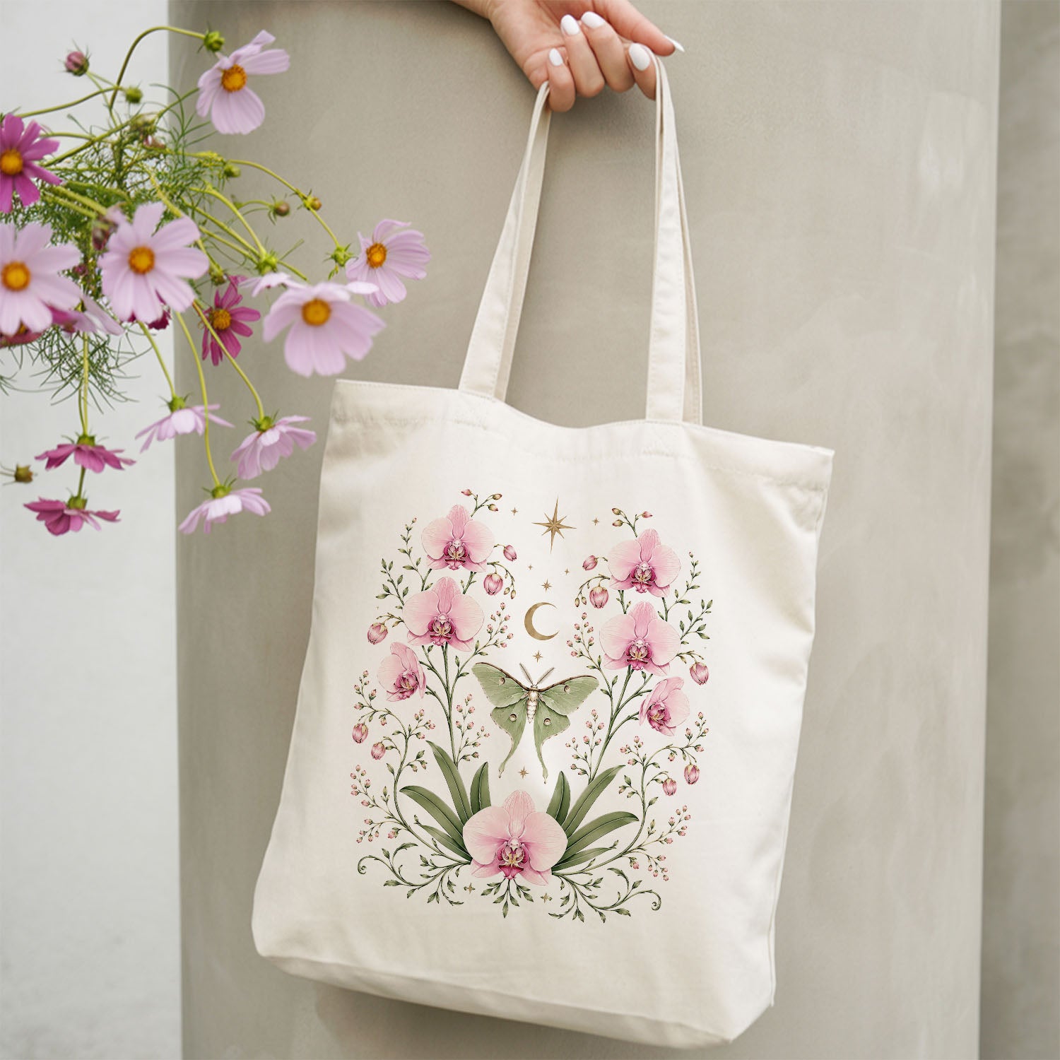 Moonlit Pink Orchid Flower Tote Bag