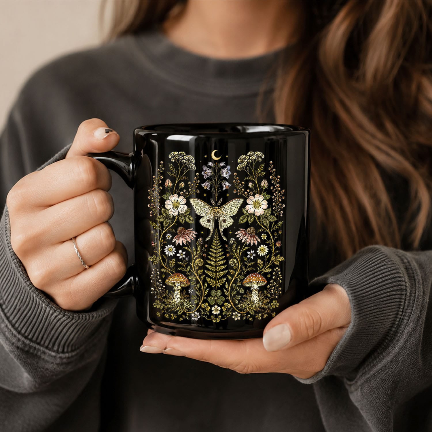 Whimsical Moth Wildflower Black Ceramic Mug