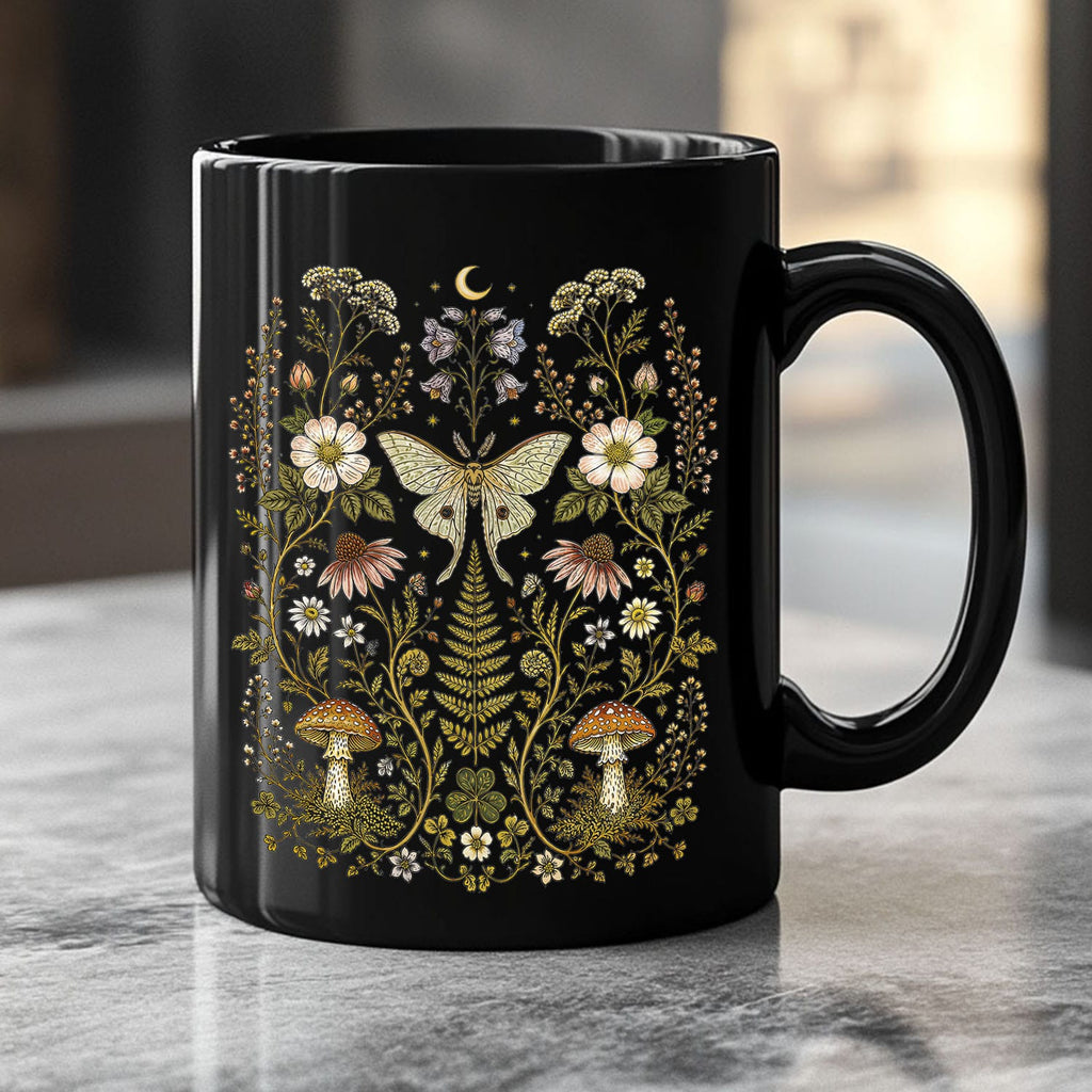 Whimsical Moth Wildflower Black Ceramic Mug