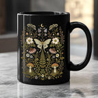 Whimsical Moth Wildflower Black Ceramic Mug