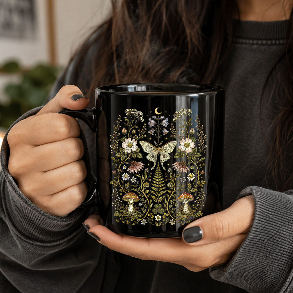Whimsical Moth Wildflower Black Ceramic Mug