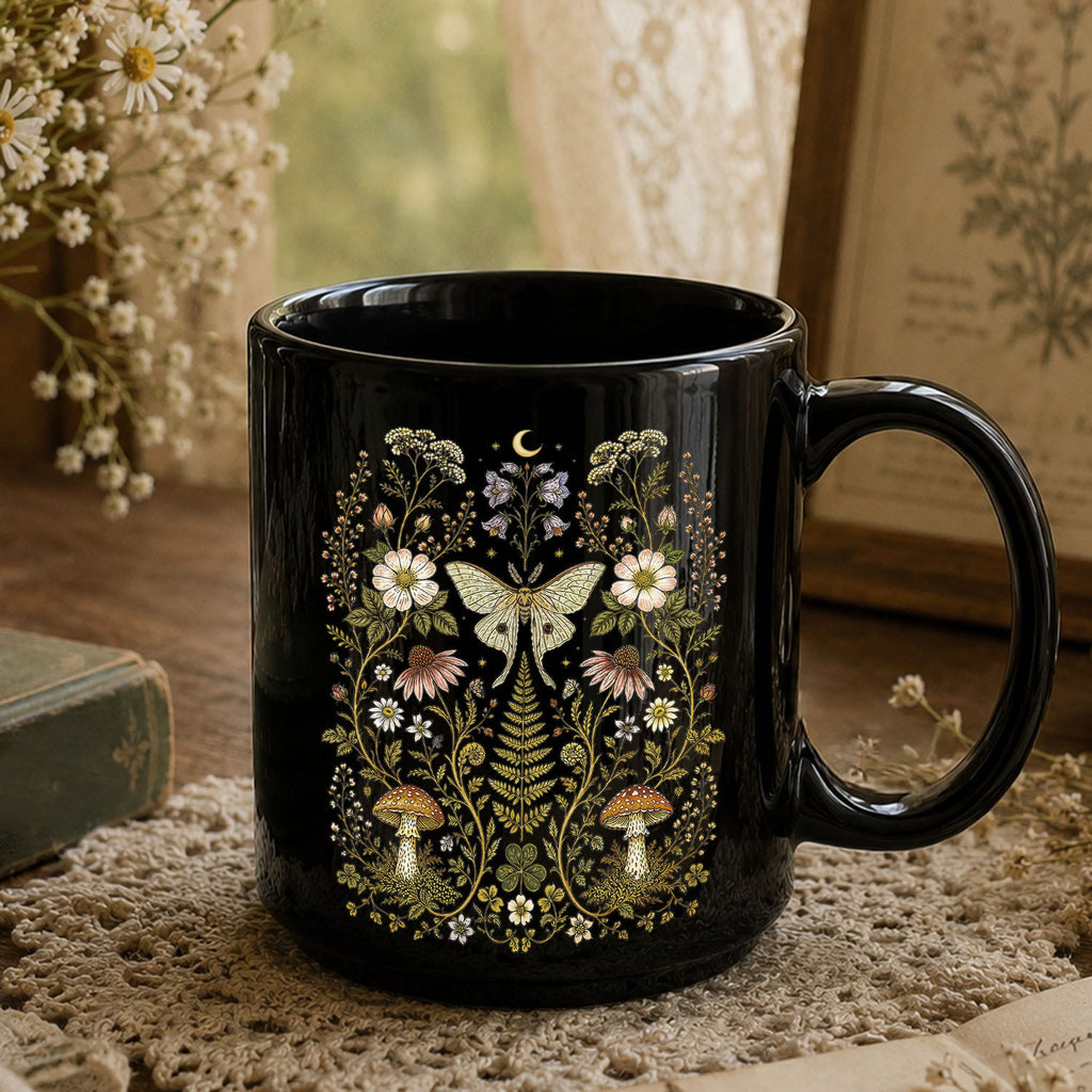 Whimsical Moth Wildflower Black Ceramic Mug