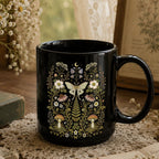 Whimsical Moth Wildflower Black Ceramic Mug
