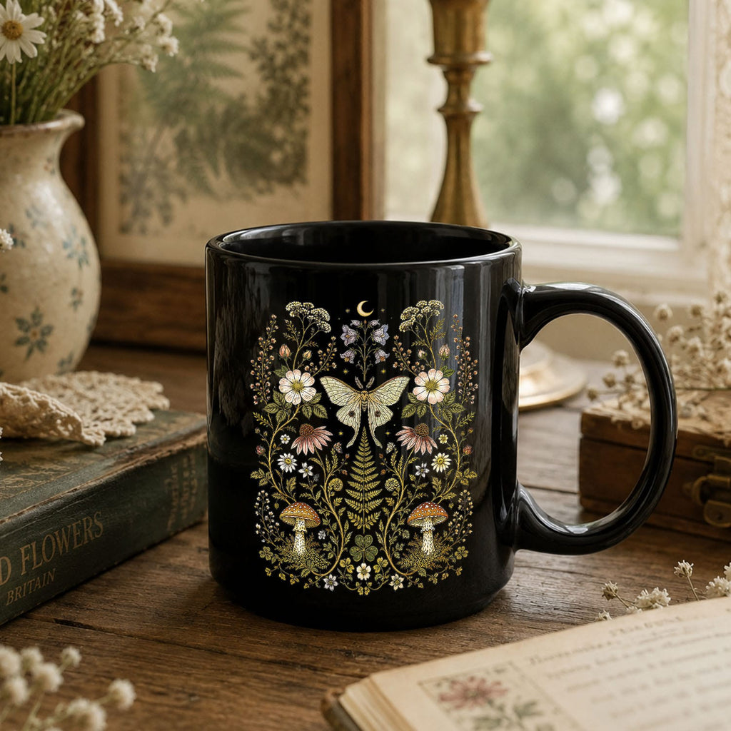 Whimsical Moth Wildflower Black Ceramic Mug