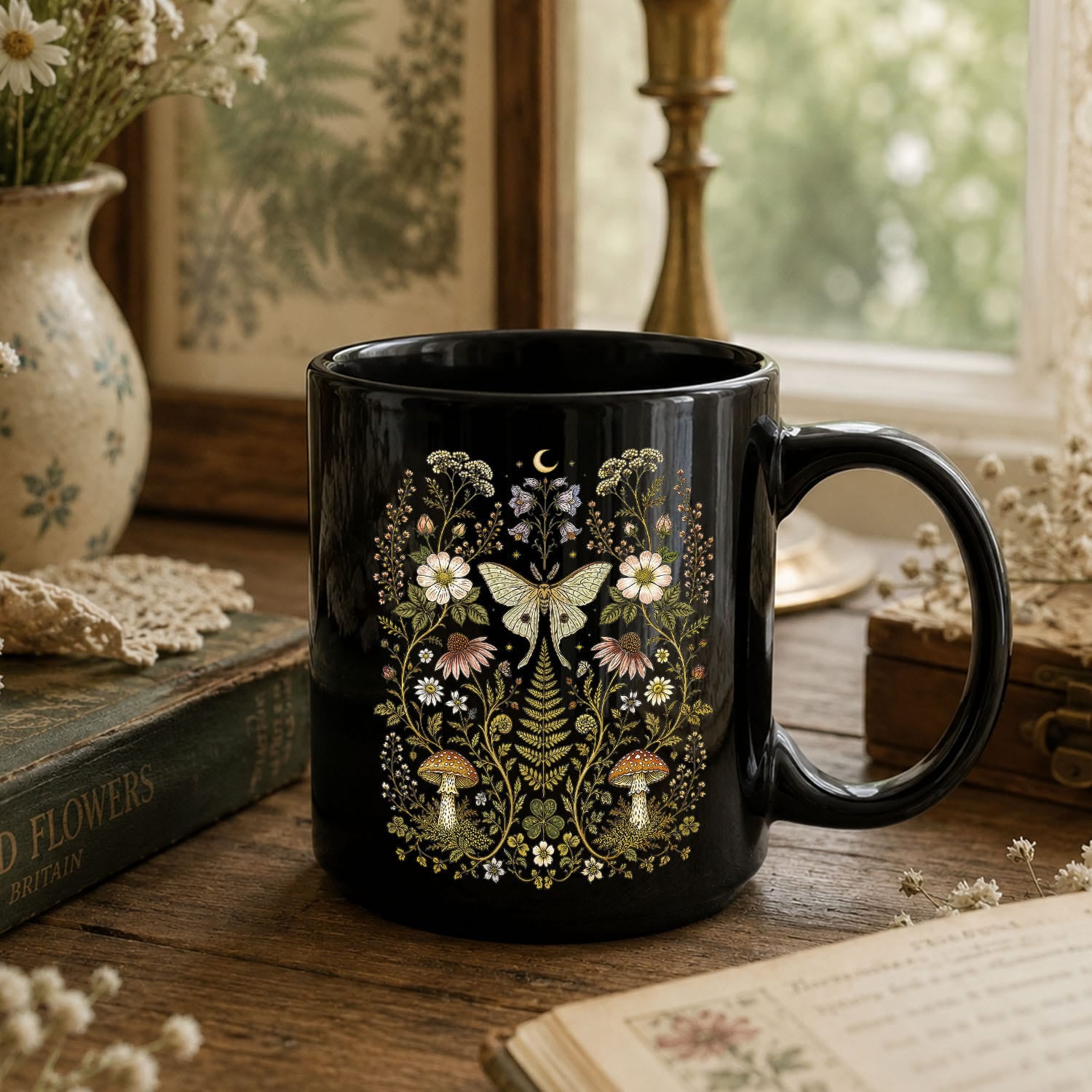 Whimsical Moth Wildflower Black Ceramic Mug