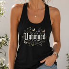 Person wearing a black tank top with 'Unhinged' design against a light background