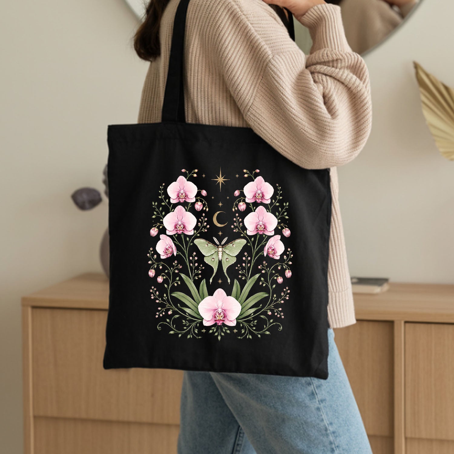 Moonlit Pink Orchid Flower Tote Bag